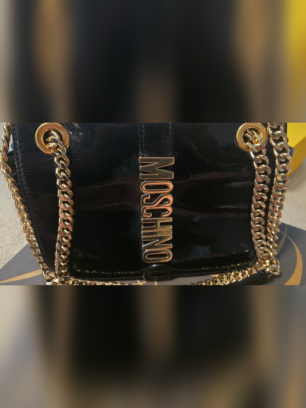 Moschino Black Patent Leather Chain Shoulder Bag